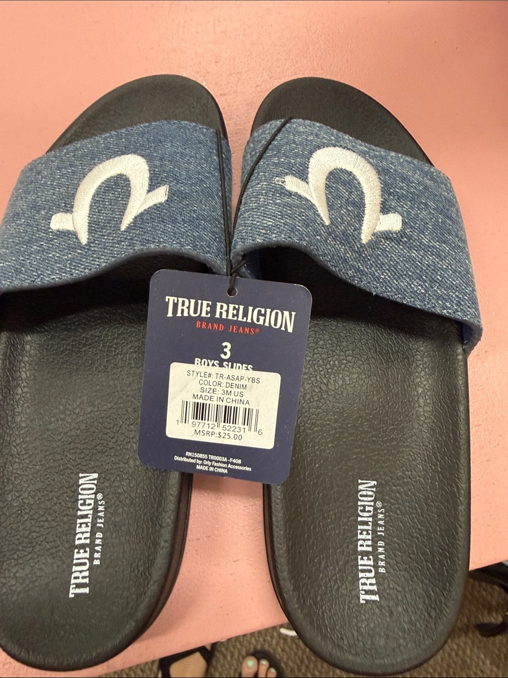 True Religion Denim Blue Logo Slide Sandals for Kids